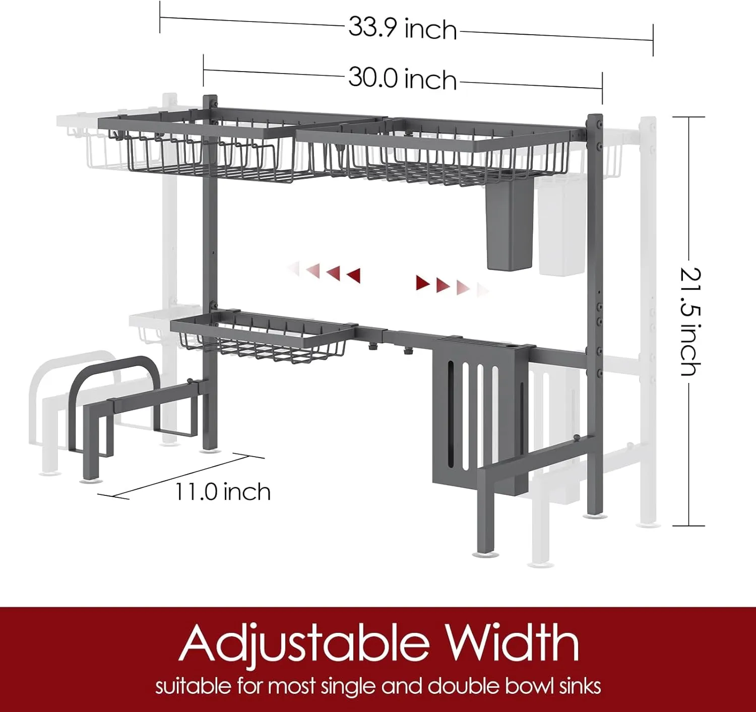 Dish Drying Rack Over The Sink - Large Capacity Stainless Steel Dish Drainer, Multifunctional Kitchen Organizer, Gray, 11" D x 30"~33.9''W x 21.5" H