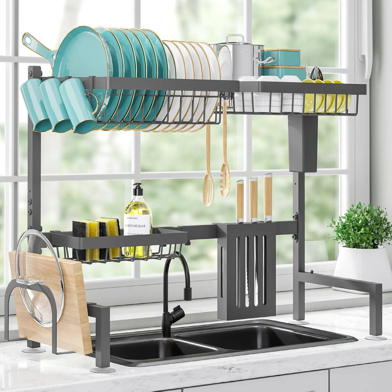Dish Drying Rack Over The Sink - Large Capacity Stainless Steel Dish Drainer, Multifunctional Kitchen Organizer, Gray, 11" D x 30"~33.9''W x 21.5" H