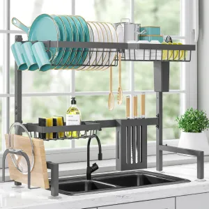 Dish Drying Rack Over The Sink - Large Capacity Stainless Steel Dish Drainer, Multifunctional Kitchen Organizer, Gray, 11" D x 30"~33.9''W x 21.5" H