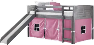 Donco Kids Twin Louver Low LOFT W/Slide & Pink Tent KIT in Antique Grey Finish (790-AAG_750C-TP_785-AG)