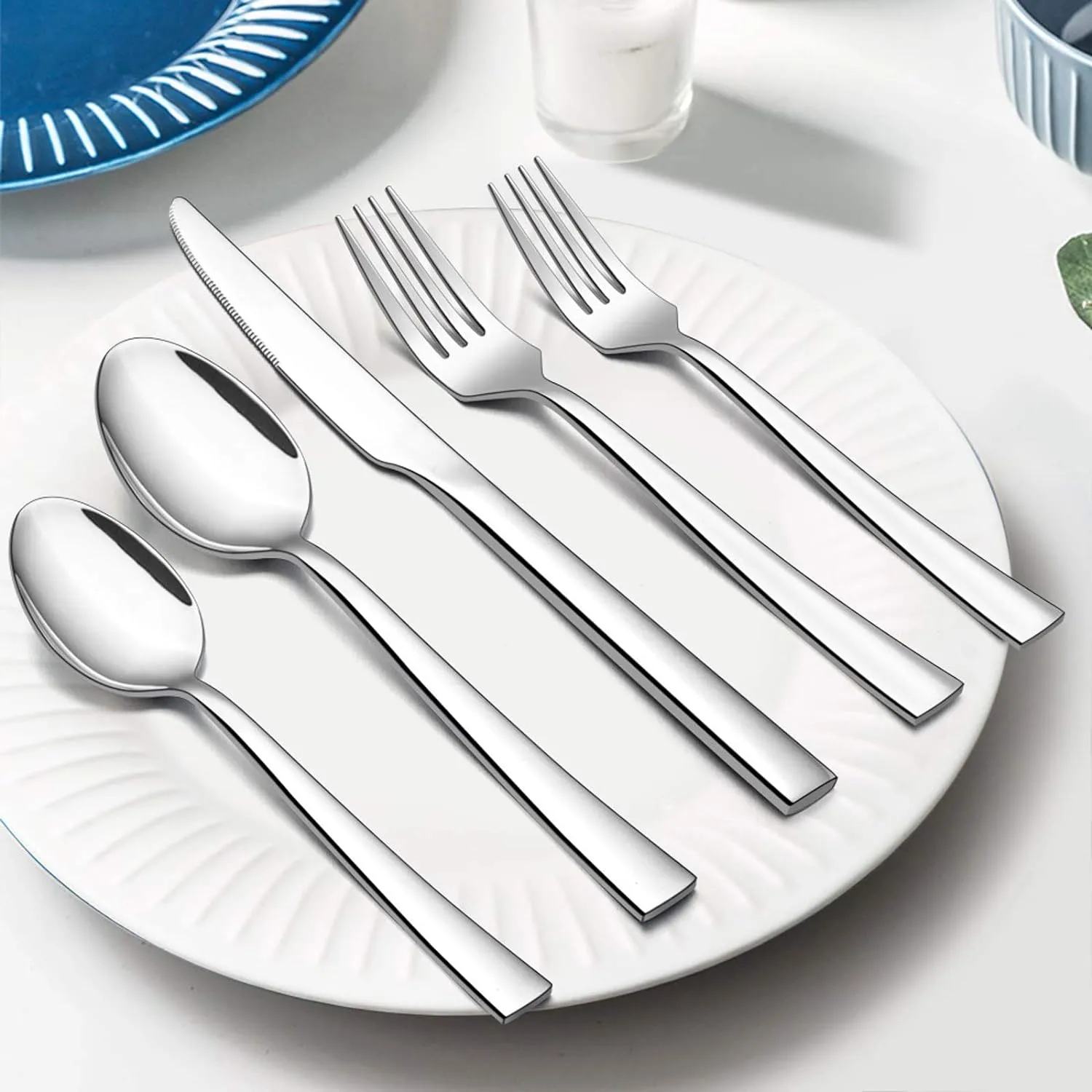 E-far 60-Piece Silverware Set, Stainless Steel Flatware Set Service for 12, Tableware Cutlery Set for Home Restaurant Party, Dinner Forks/Spoons/Knives, Square Edge & Mirror Polished, Dishwasher Safe