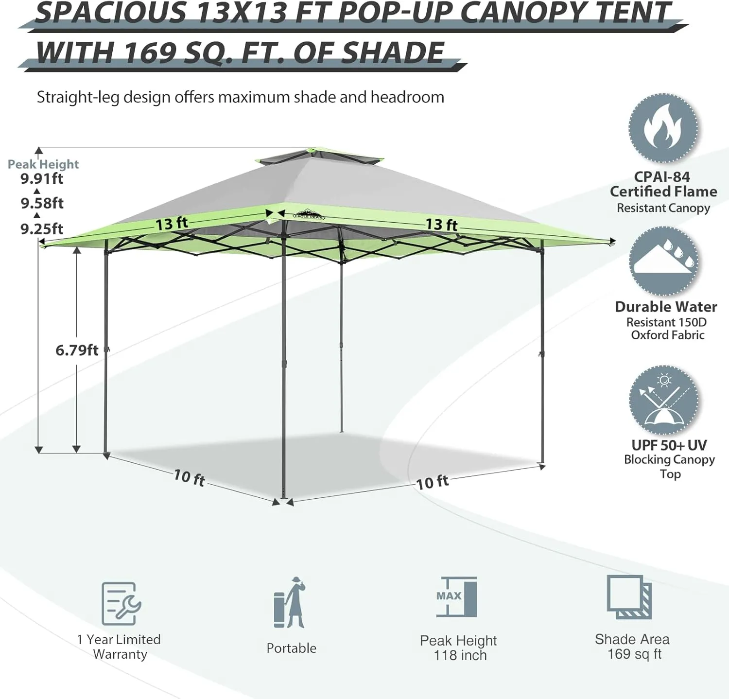 EAGLE PEAK 13x13 Straight Leg Pop Up Canopy Tent Instant Outdoor Canopy Easy Single Person Set up Folding Shelter w/Auto Extending Eaves 169 Square Feet of Shade (Gray)