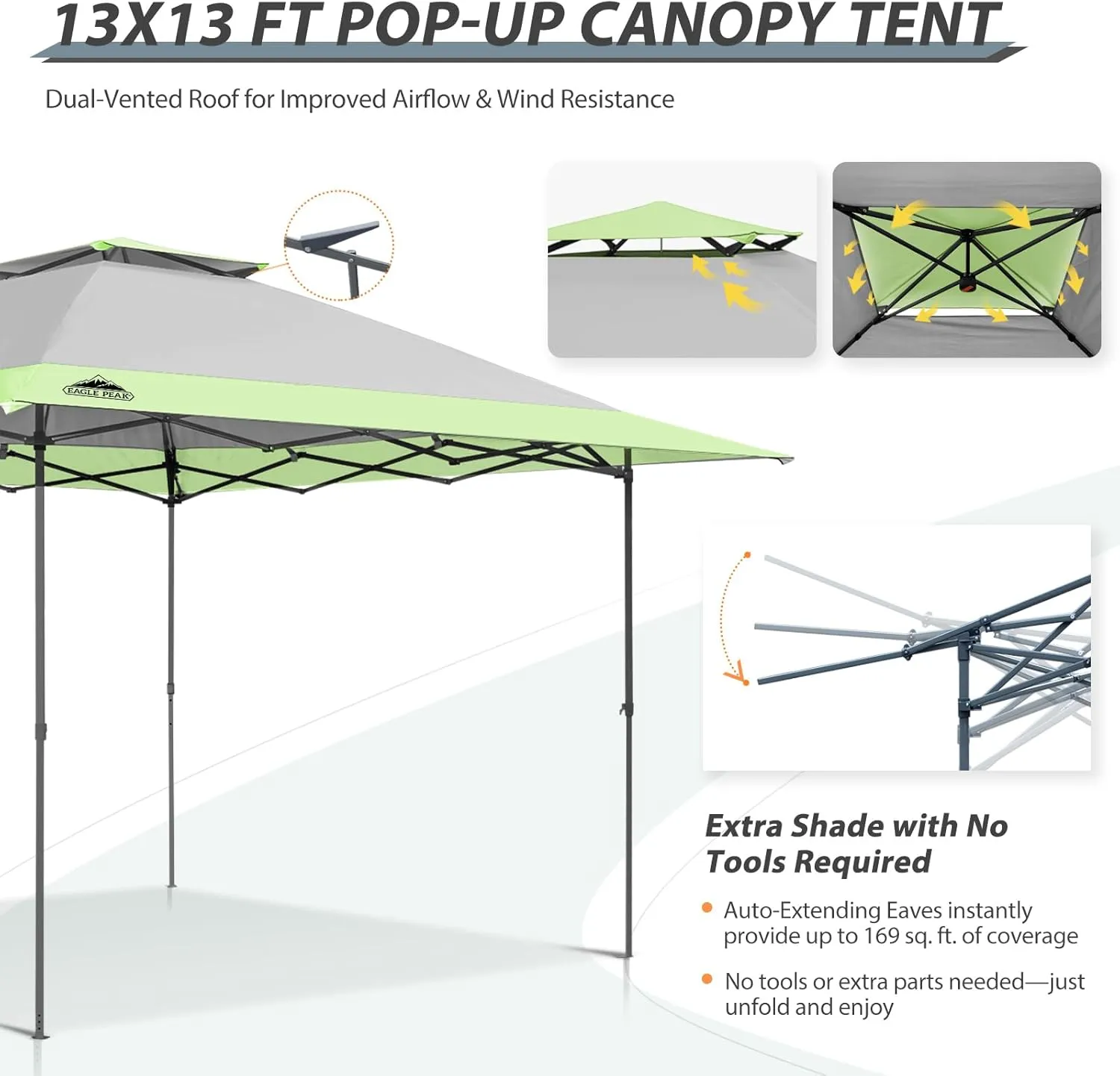 EAGLE PEAK 13x13 Straight Leg Pop Up Canopy Tent Instant Outdoor Canopy Easy Single Person Set up Folding Shelter w/Auto Extending Eaves 169 Square Feet of Shade (Gray)