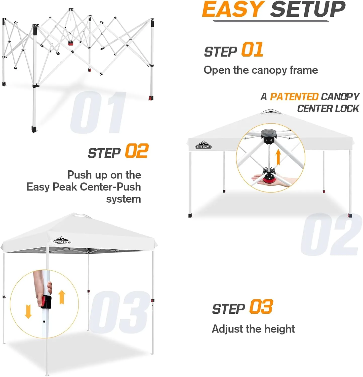 EAGLE PEAK 6.6x6.6 Pop Up Canopy Tent Instant Outdoor Canopy Easy Set Up Straight Leg Folding Shelter with Wheeled Bag, 8 Stakes and 4 Ropes, White