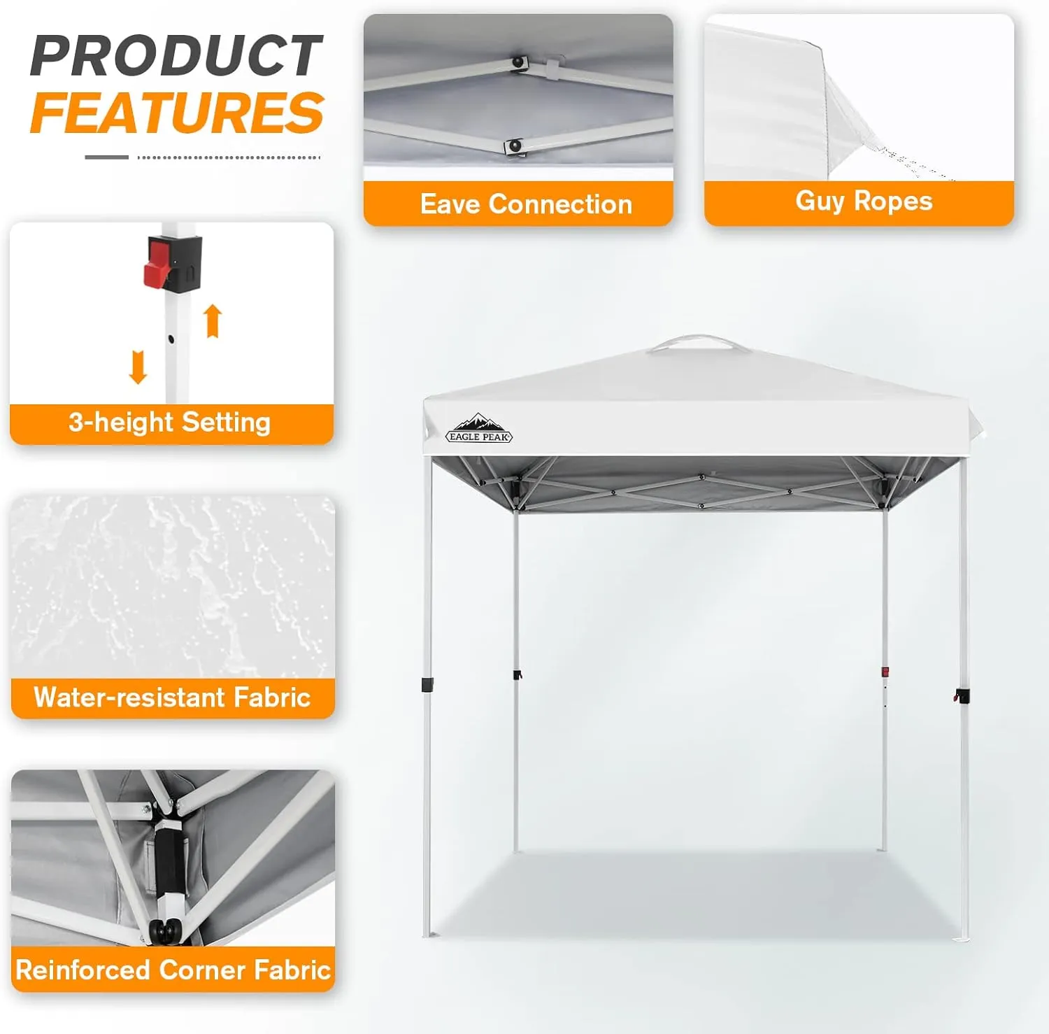 EAGLE PEAK 6.6x6.6 Pop Up Canopy Tent Instant Outdoor Canopy Easy Set Up Straight Leg Folding Shelter with Wheeled Bag, 8 Stakes and 4 Ropes, White