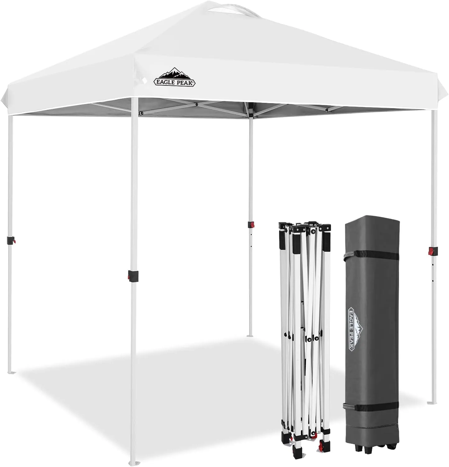 EAGLE PEAK 6.6x6.6 Pop Up Canopy Tent Instant Outdoor Canopy Easy Set Up Straight Leg Folding Shelter with Wheeled Bag, 8 Stakes and 4 Ropes, White
