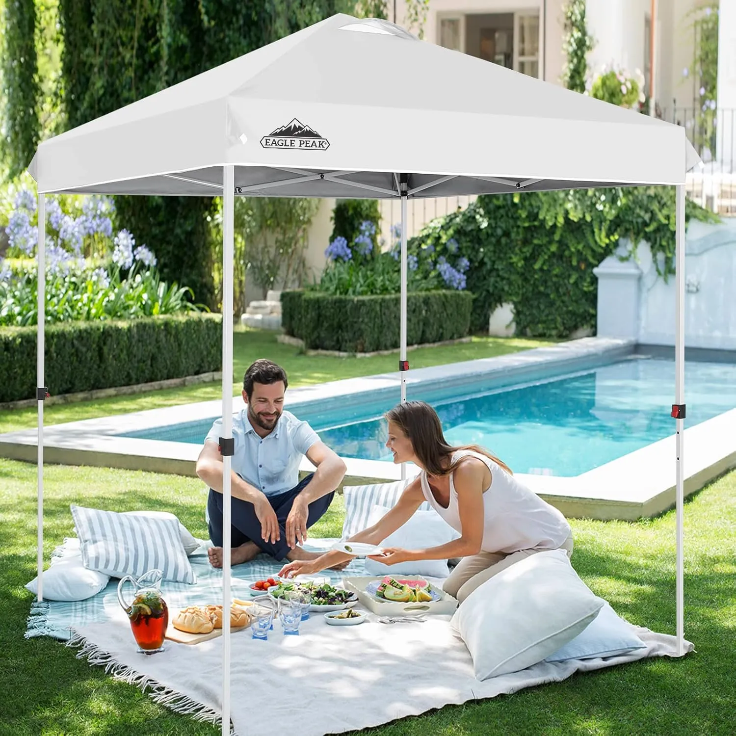 EAGLE PEAK 6.6x6.6 Pop Up Canopy Tent Instant Outdoor Canopy Easy Set Up Straight Leg Folding Shelter with Wheeled Bag, 8 Stakes and 4 Ropes, White