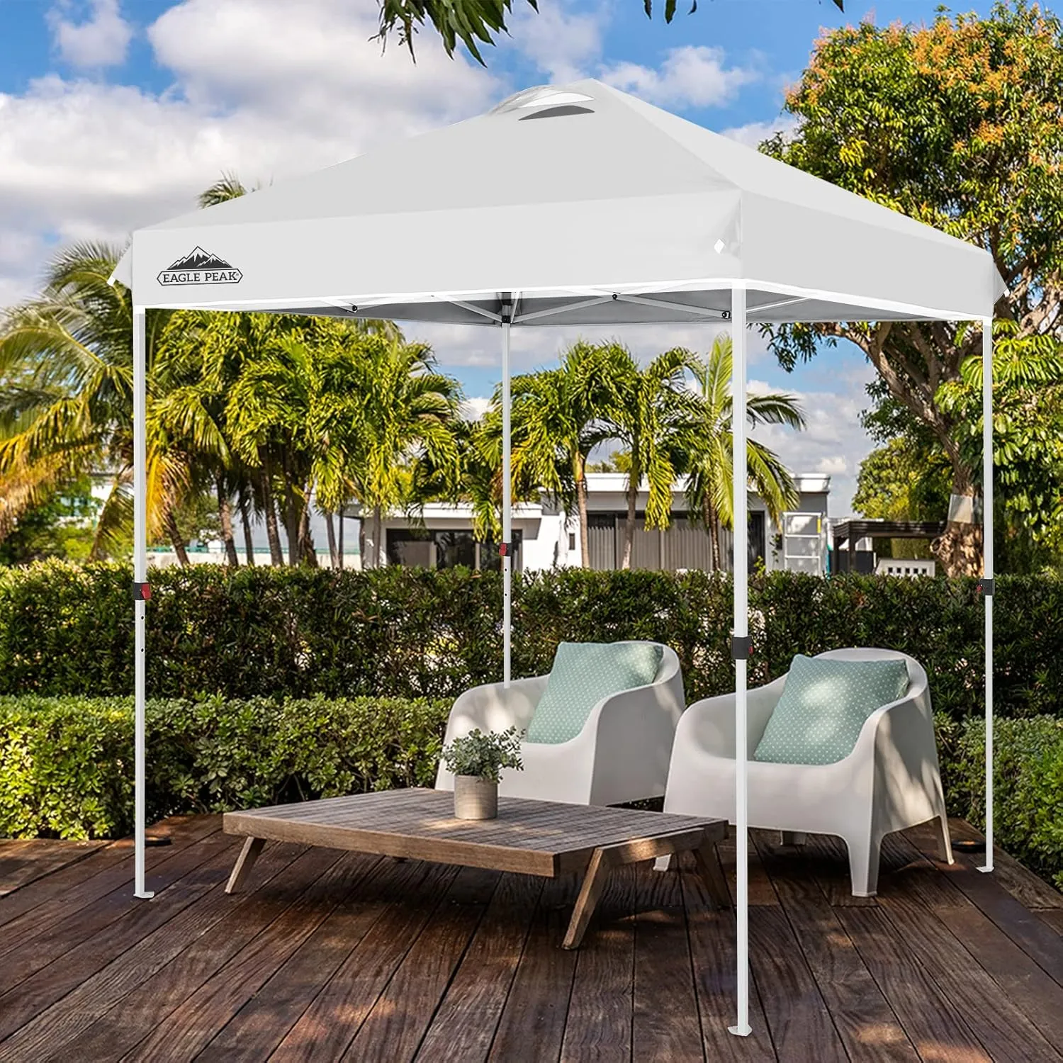 EAGLE PEAK 6.6x6.6 Pop Up Canopy Tent Instant Outdoor Canopy Easy Set Up Straight Leg Folding Shelter with Wheeled Bag, 8 Stakes and 4 Ropes, White