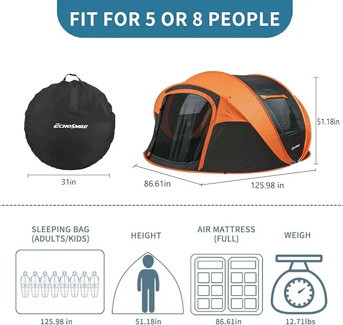 EchoSmile Camping Instant Tent, 2/4/6/8/10 Person Pop Up Tent, Water Resistant Dome Tent, Easy Setup for Camping Hiking and Outdoor, Portable Tent with Carry Bag, for 3 Seasons…