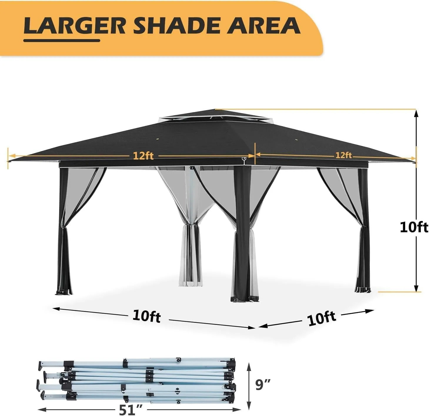 ECOTOUGE Canopy Tent with Sidewalls Instant Shelter Canopy with Carrying Roller Bag, Outdoor Party Gazebo with Waterproof and UV Resistant for Parties, Camping, Picnic (Black 12FT)