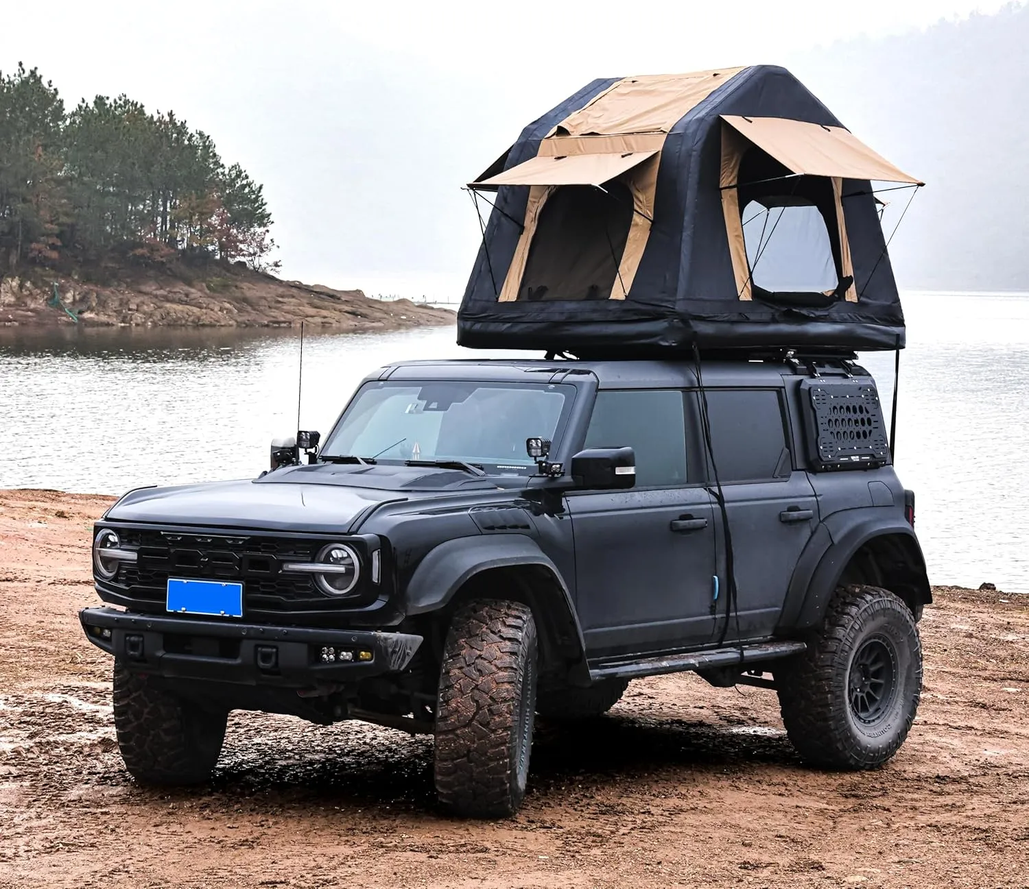Elevated Camping Experience with Inflatable Roof Top Tent, Quick Setup, Vehicle Compatibility, Khaki & Black