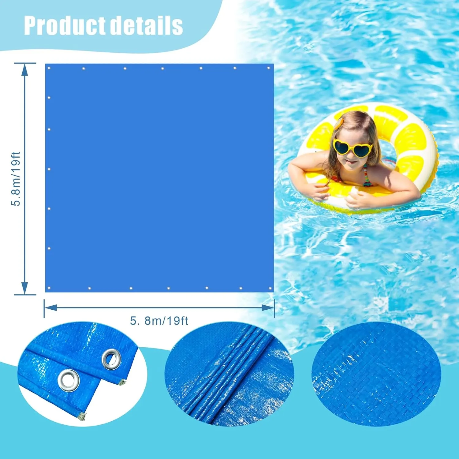 Eunika 19 x 19Ft Square Swimming Pool Ground Cloth, Waterproof PE Pool Liner Pad for 18Ft Above Ground Pools, Protector Mat Prevents Punctures, Durable Pool Tarp for Pools