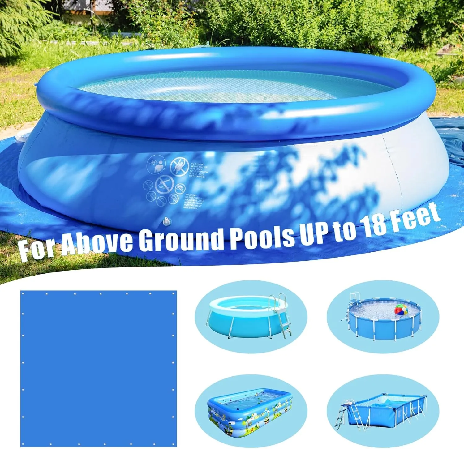 Eunika 19 x 19Ft Square Swimming Pool Ground Cloth, Waterproof PE Pool Liner Pad for 18Ft Above Ground Pools, Protector Mat Prevents Punctures, Durable Pool Tarp for Pools