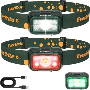 EverBrite Rechargeable Headlamp, 2 Pack Kids Headlamp with White/Red/Green Light and Memory Function, Head Lamp for Adult and Kid with 5 Modes, 120° Adjustable LED Headlamp for Camping, Running-Green