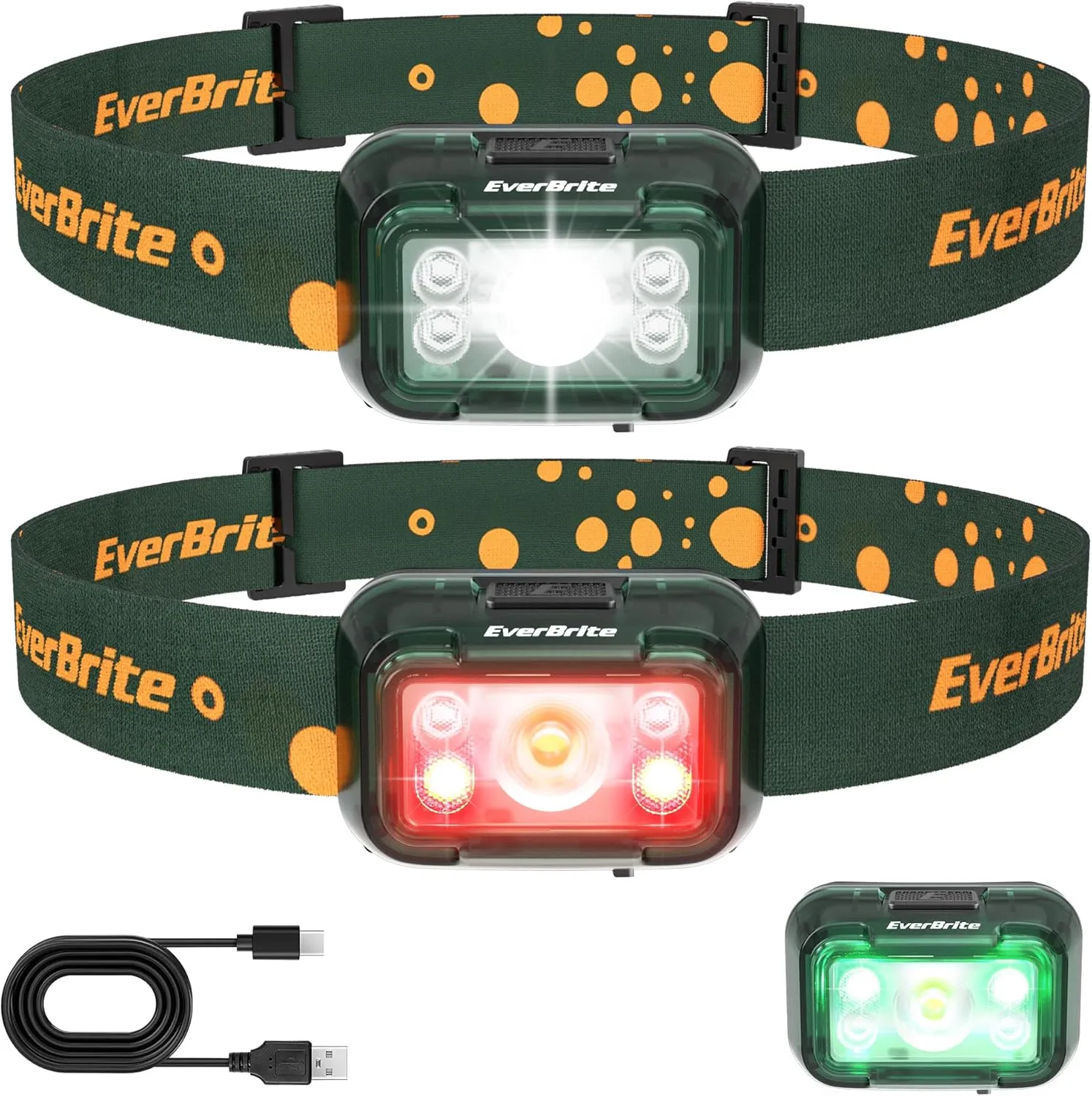 EverBrite Rechargeable Headlamp, 2 Pack Kids Headlamp with White/Red/Green Light and Memory Function, Head Lamp for Adult and Kid with 5 Modes, 120° Adjustable LED Headlamp for Camping, Running-Green