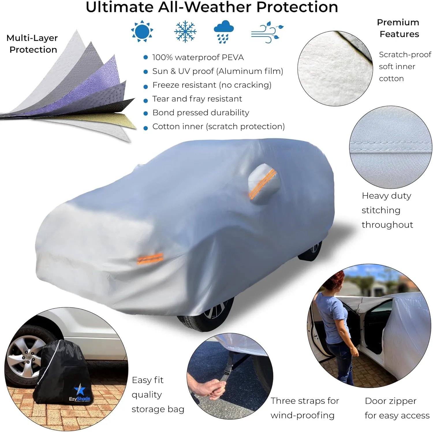 EzyShade 10-Layer SUV Car Cover Waterproof All Weather. See Vehicle Size-Chart for Accurate Fit. Outdoor Full Exterior Covers for Automobiles Heavy Duty Tarp Jeep Rav4 CRV. Size S3 (See SizeChart)