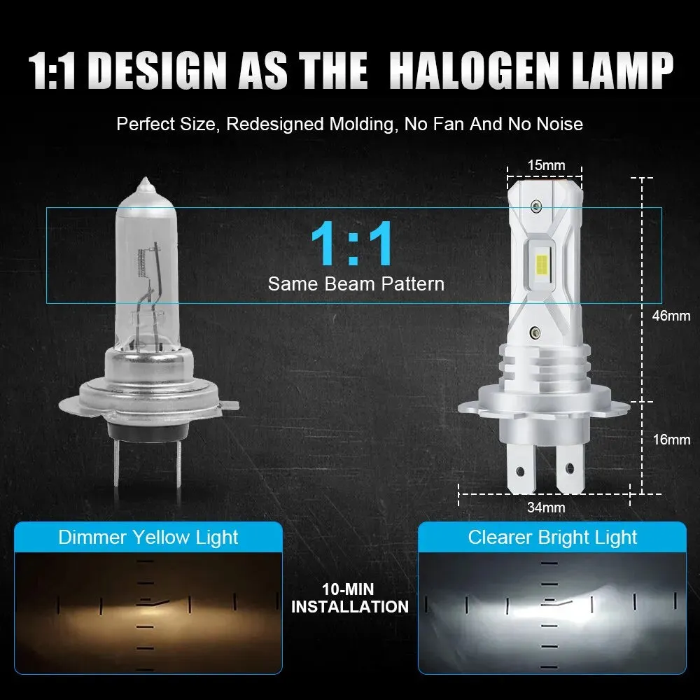 Fanless H7 LED Headlight Bulbs 1:1 Mini Size 18000LM 6000K Wireless 12V CSP Chips