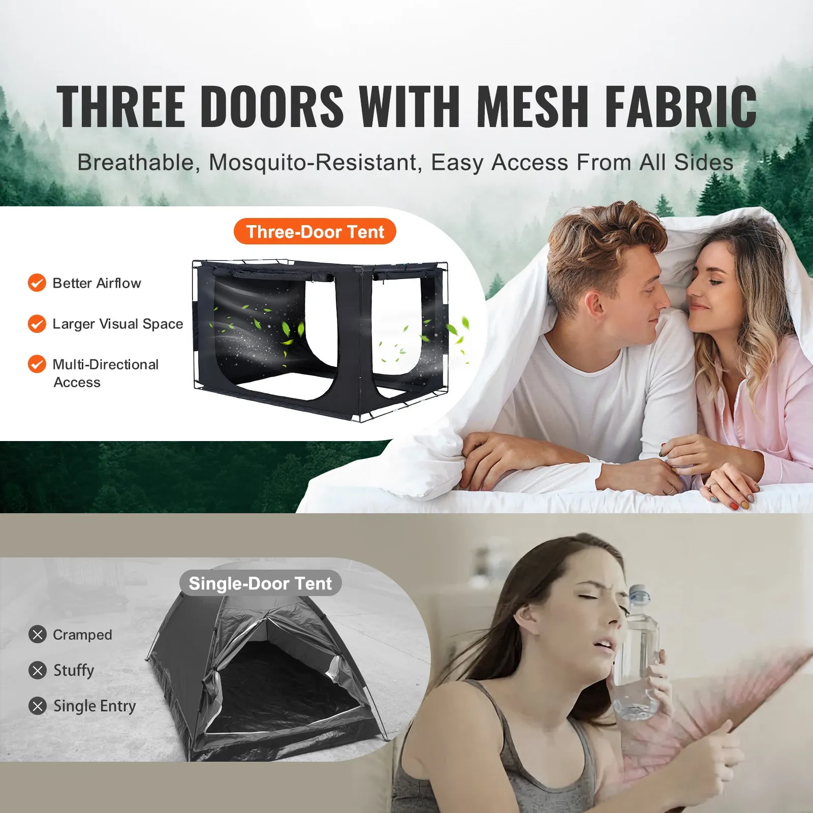 (FINAL PRICES ARE LOWER ON OUR SITE!) VEVOR 3 Doors Bed Tent Breathable Tent 70% Blackout with 0.43 in Fiber Poles