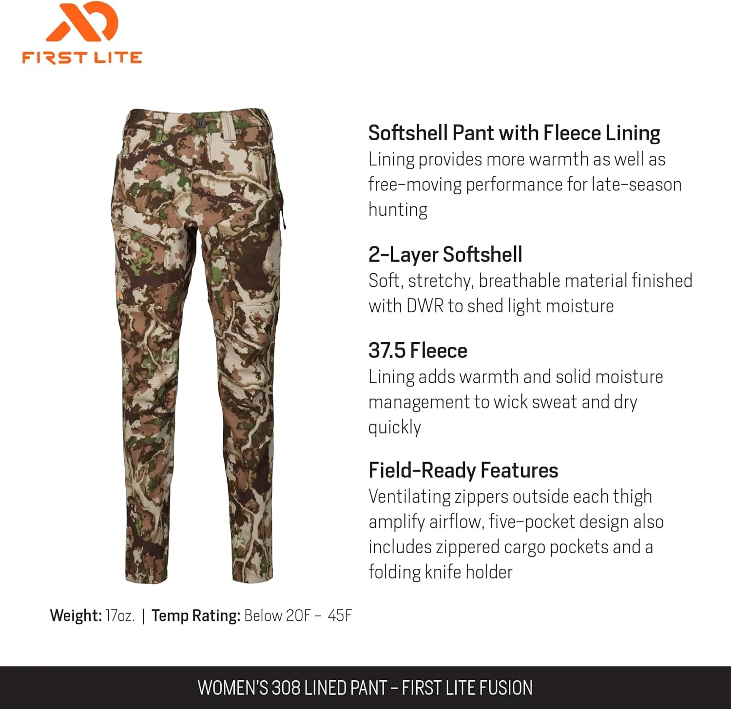 First Lite Women's 308 Lined Pant - Fleece-Lined Stretch Camo Hunting Pants with Hip Vents