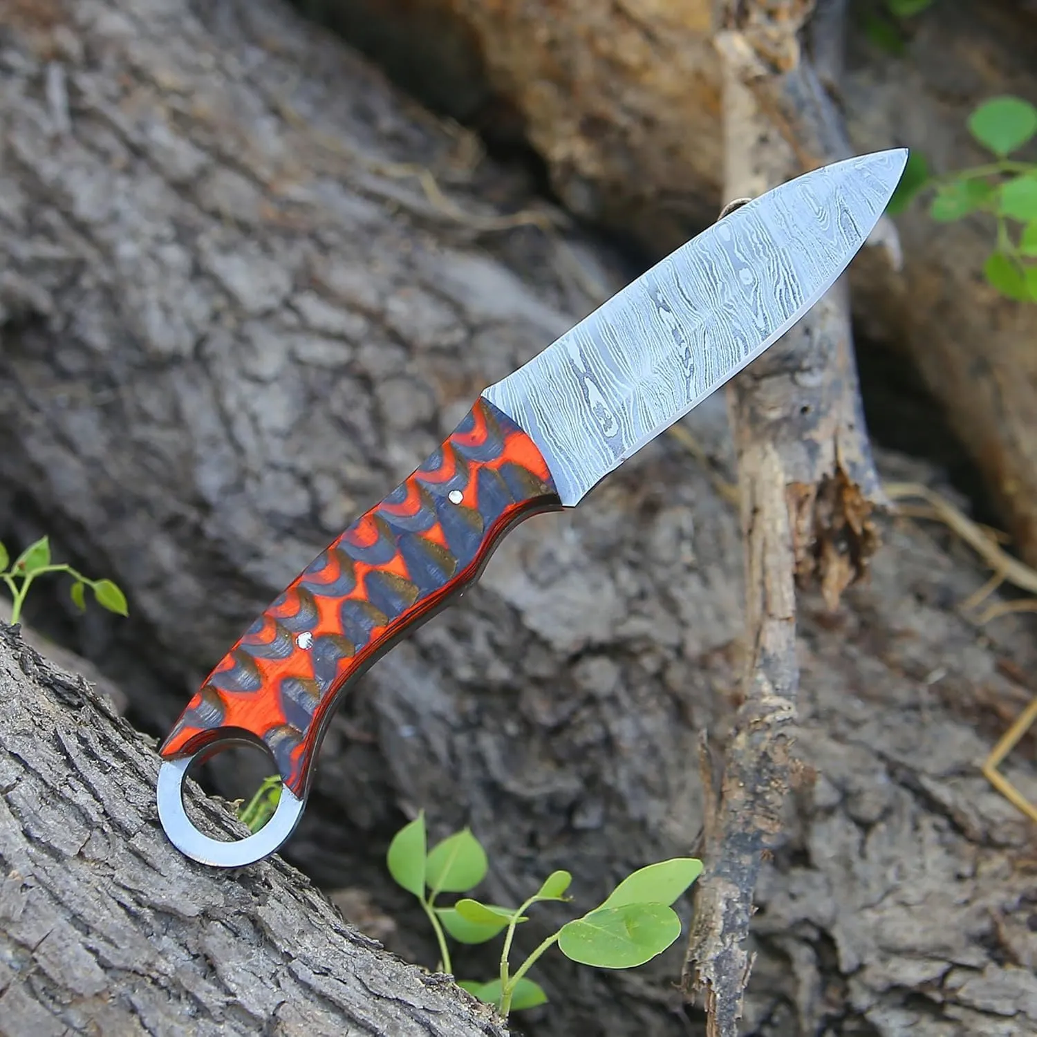 Fixed Blade Hunting Back Belt Tracker Knife Damascus Steel EDC Bushcraft Knives, Full Tang Scout Carry Knife with Leather Sheath, Ideal for Skinning Outdoor Camping, Hunting, Hiking, Survival Knives