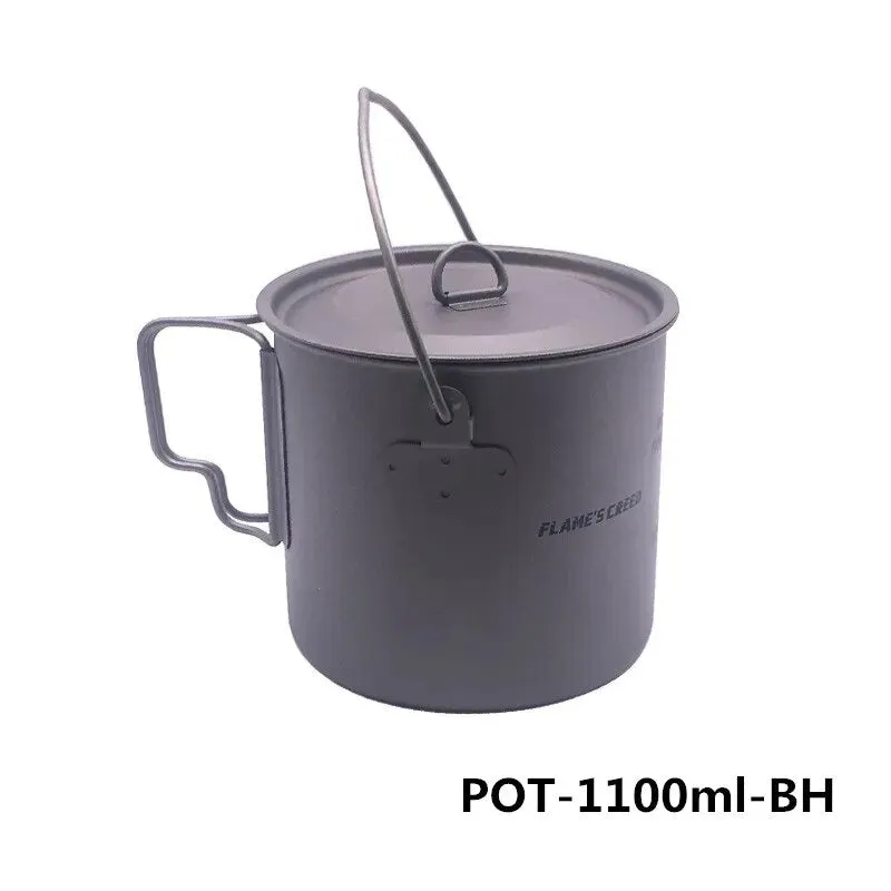 FLAME'S CREED 1100ml 1950ml Ultralight Outdoor Camping Titanium Pot & pan Cooking Pot fry pan Titanium Cookware Sets Pot