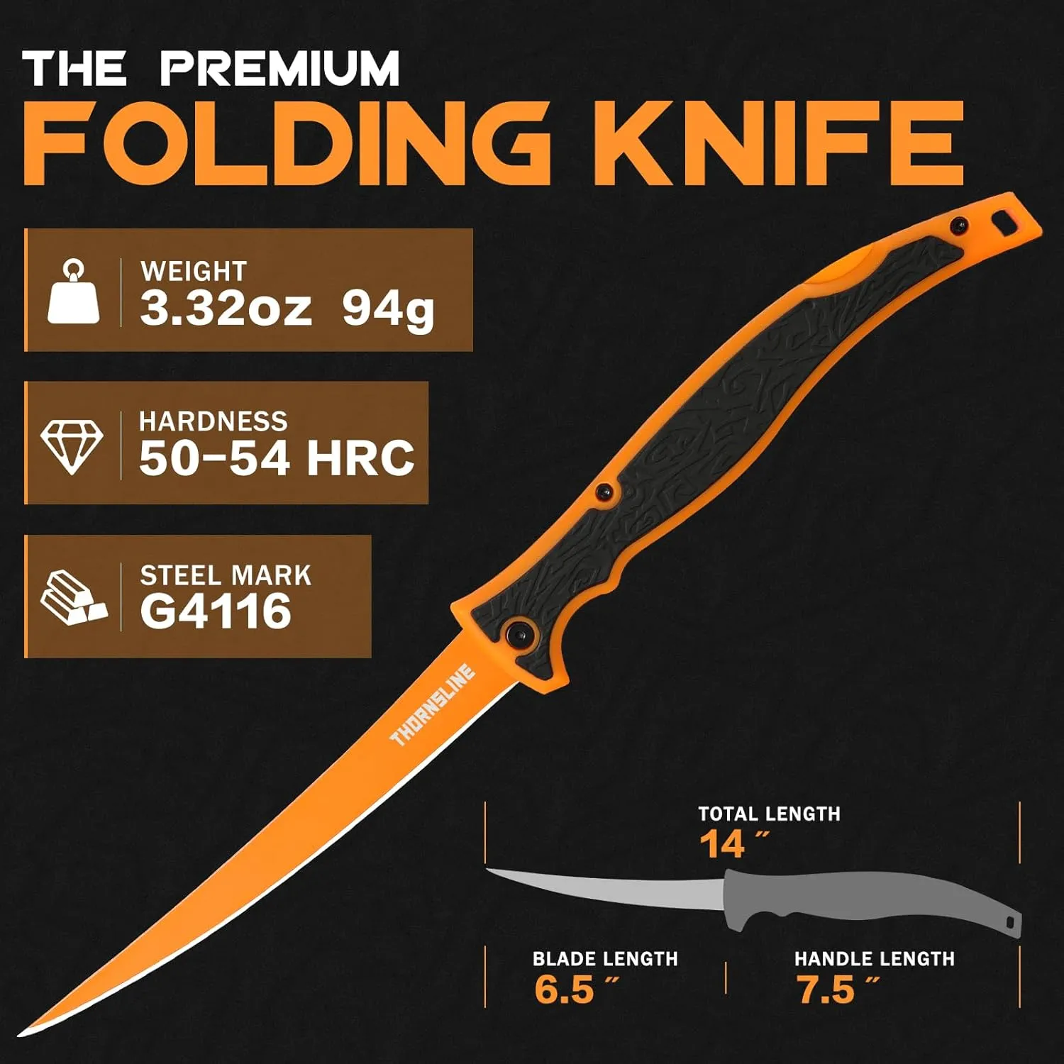 Folding Fillet/Fishing/Camping/Hunting Knife, Ultra-Sharp G4116 German Stainless-Steel Blades, Non-Slip Handles,7 ½ inch folded,13 ½ inch overall Length, 2025 New Upgraded Knife