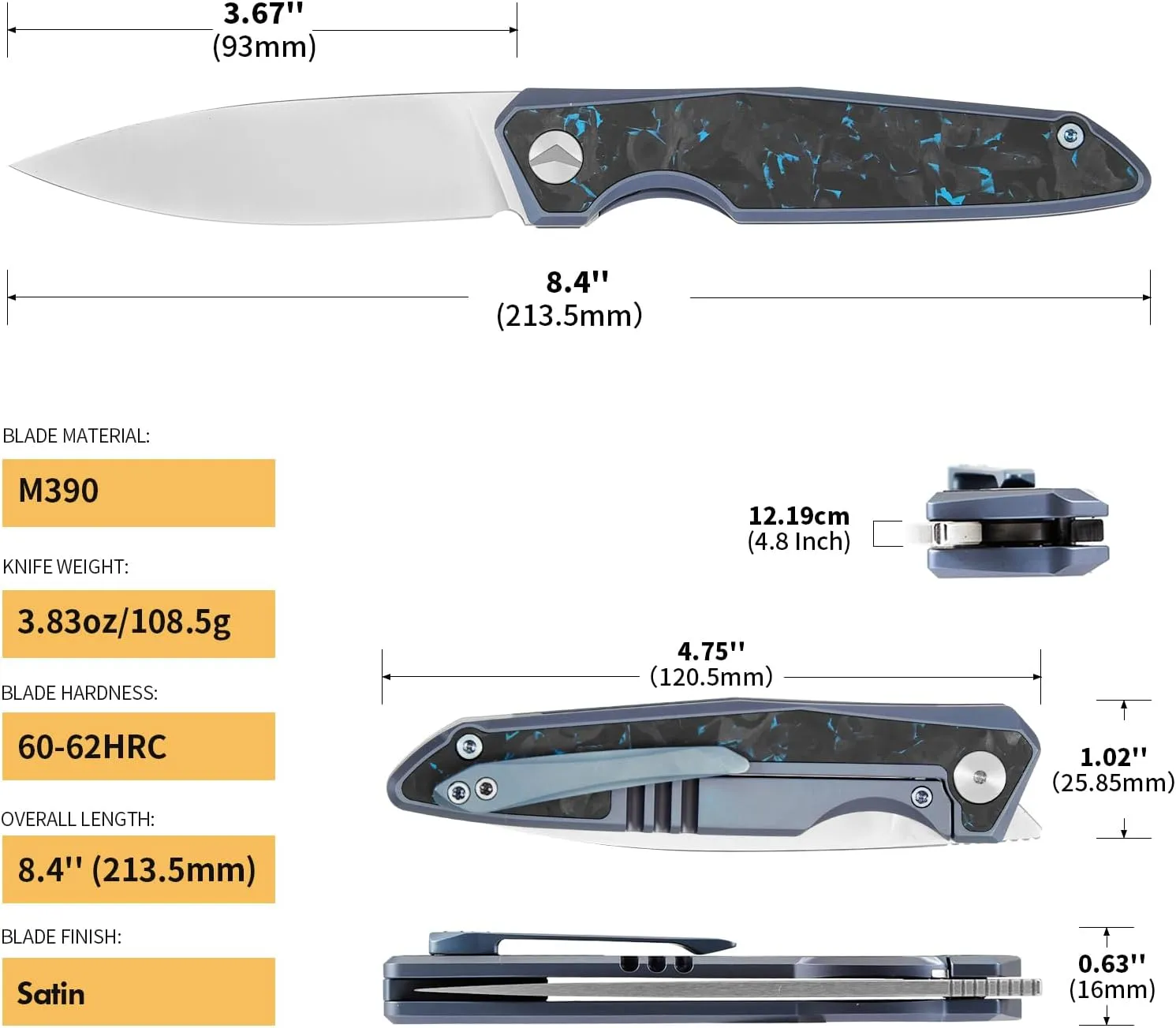 Folding Pocket Knife,EDC Knife,M390 Steel Blade,Titanium Carbon Fiber Handle,Tactical/Outdoor Camping/Survival/HuntingKnife (Black & Blue)