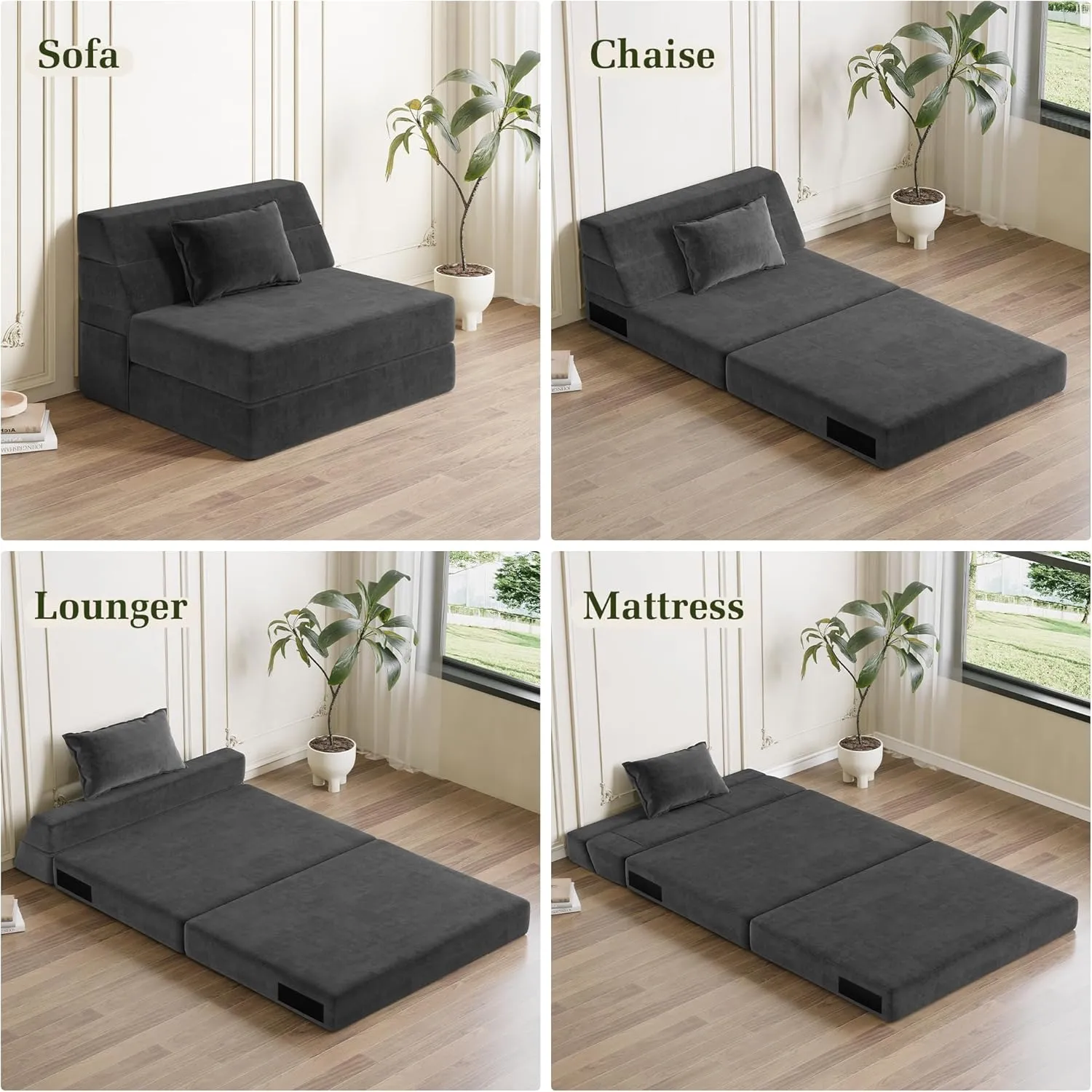 Folding Sofa Bed Convertible Sleeper Chair with Pillow Fold Out Couch Memory Foam Floor Mattress Portable Futon Sofa Bed Lazy Sofa for Living Room/Dorm/Guest Room/Home Office, Single, Dark Grey