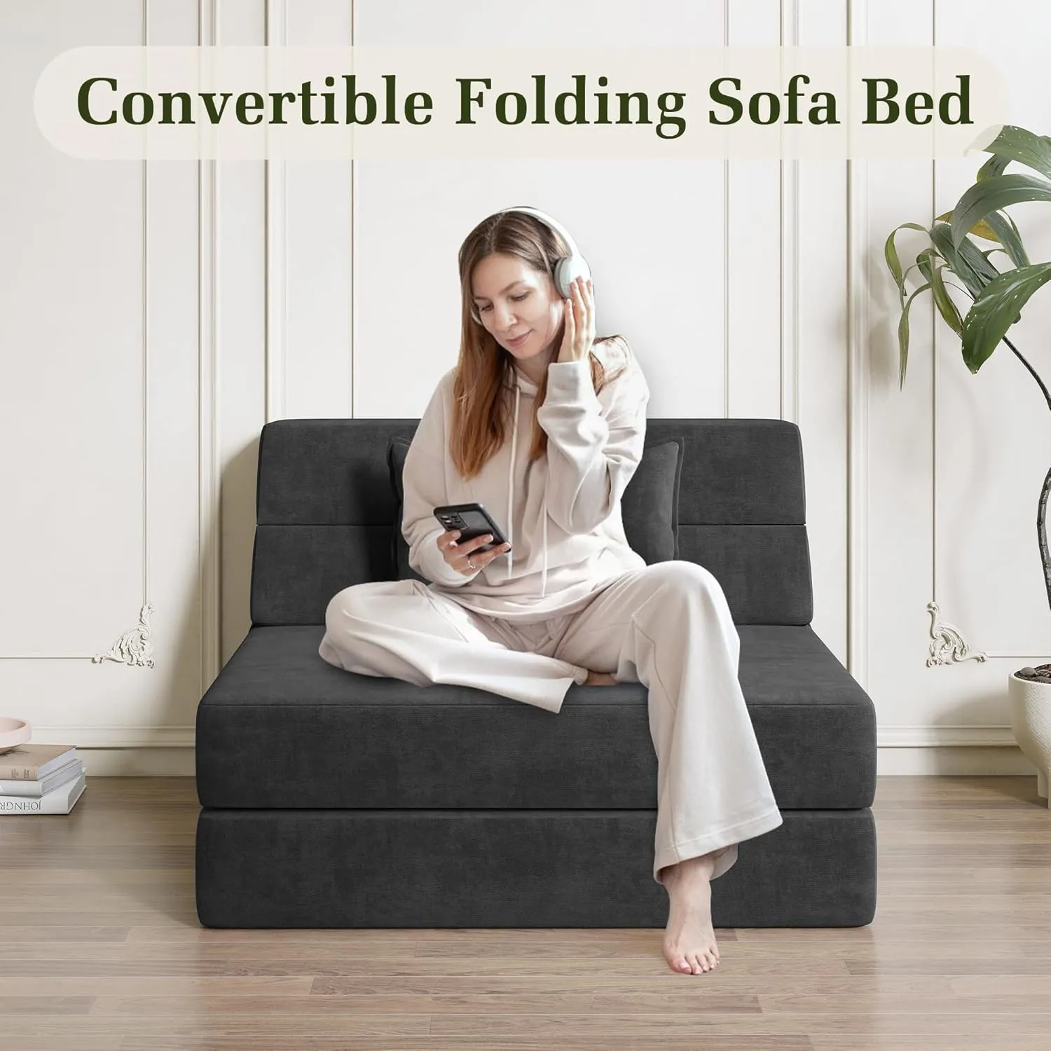 Folding Sofa Bed Convertible Sleeper Chair with Pillow Fold Out Couch Memory Foam Floor Mattress Portable Futon Sofa Bed Lazy Sofa for Living Room/Dorm/Guest Room/Home Office, Single, Dark Grey