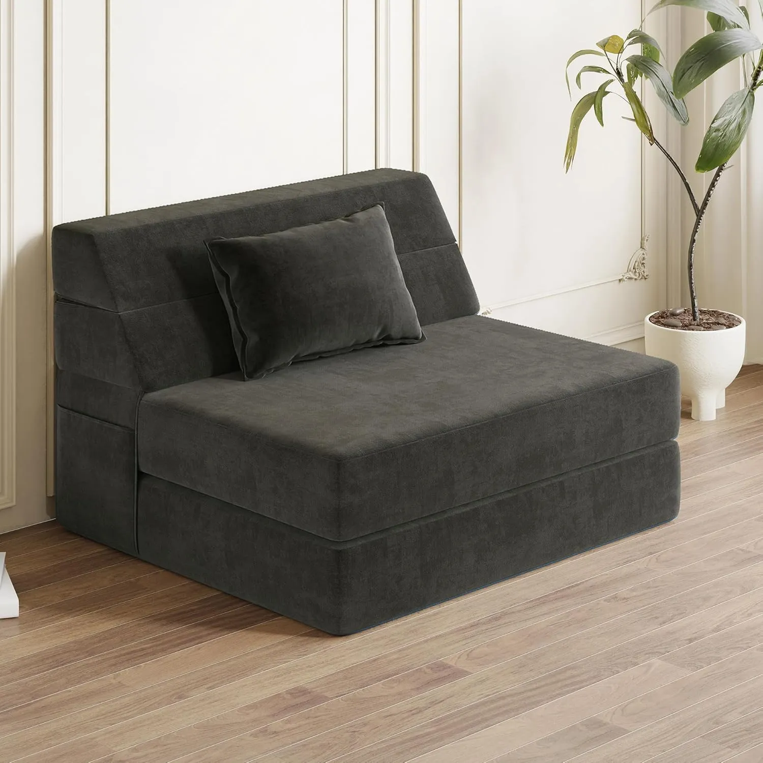 Folding Sofa Bed Convertible Sleeper Chair with Pillow Fold Out Couch Memory Foam Floor Mattress Portable Futon Sofa Bed Lazy Sofa for Living Room/Dorm/Guest Room/Home Office, Single, Dark Grey