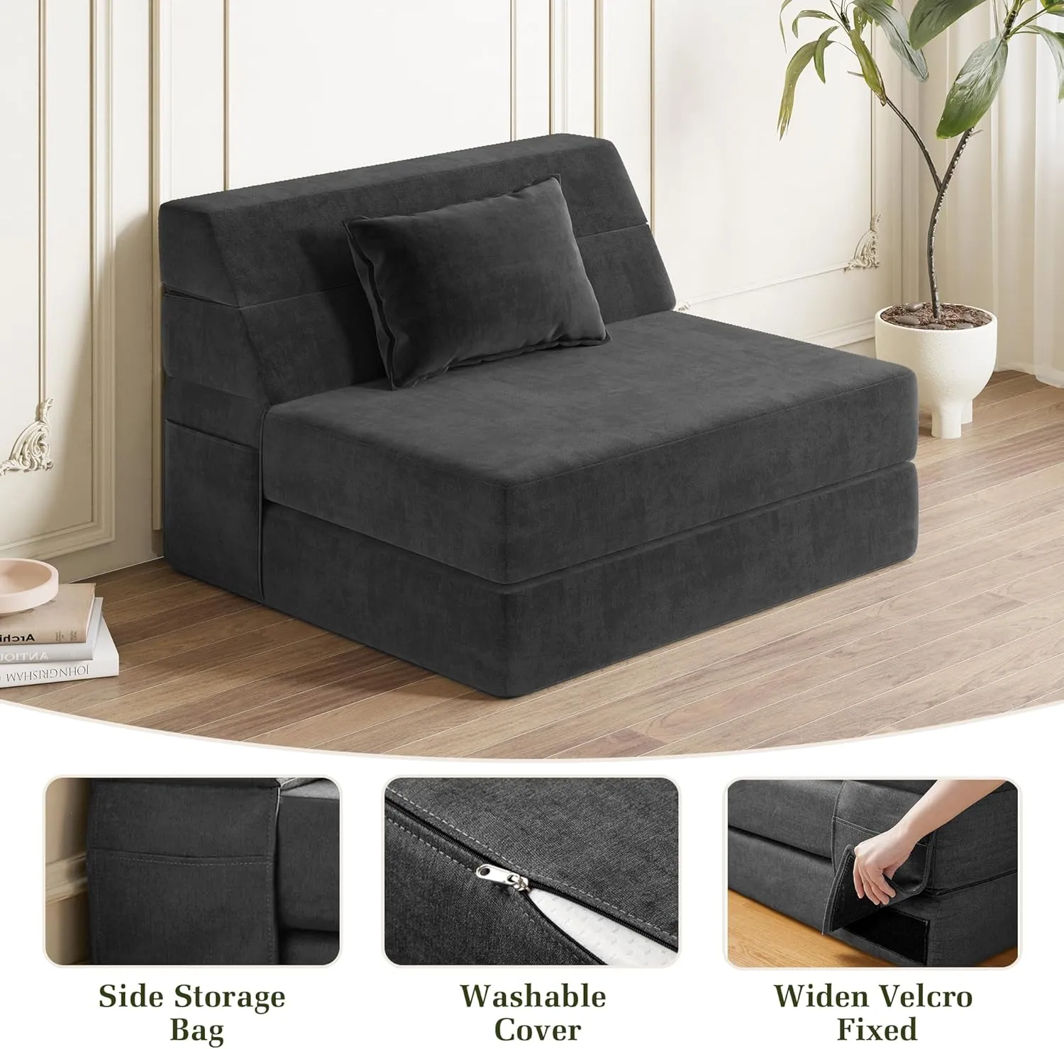 Folding Sofa Bed Convertible Sleeper Chair with Pillow Fold Out Couch Memory Foam Floor Mattress Portable Futon Sofa Bed Lazy Sofa for Living Room/Dorm/Guest Room/Home Office, Single, Dark Grey