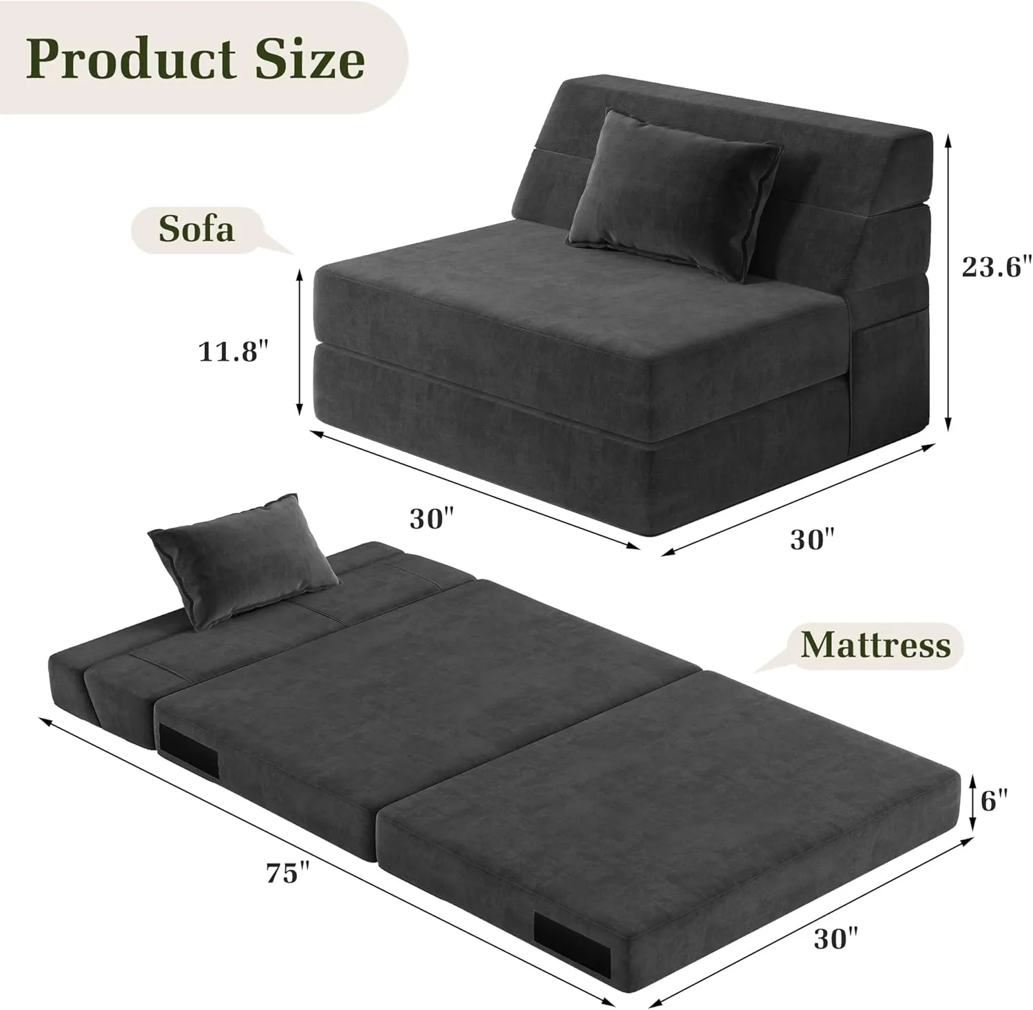 Folding Sofa Bed Convertible Sleeper Chair with Pillow Fold Out Couch Memory Foam Floor Mattress Portable Futon Sofa Bed Lazy Sofa for Living Room/Dorm/Guest Room/Home Office, Single, Dark Grey