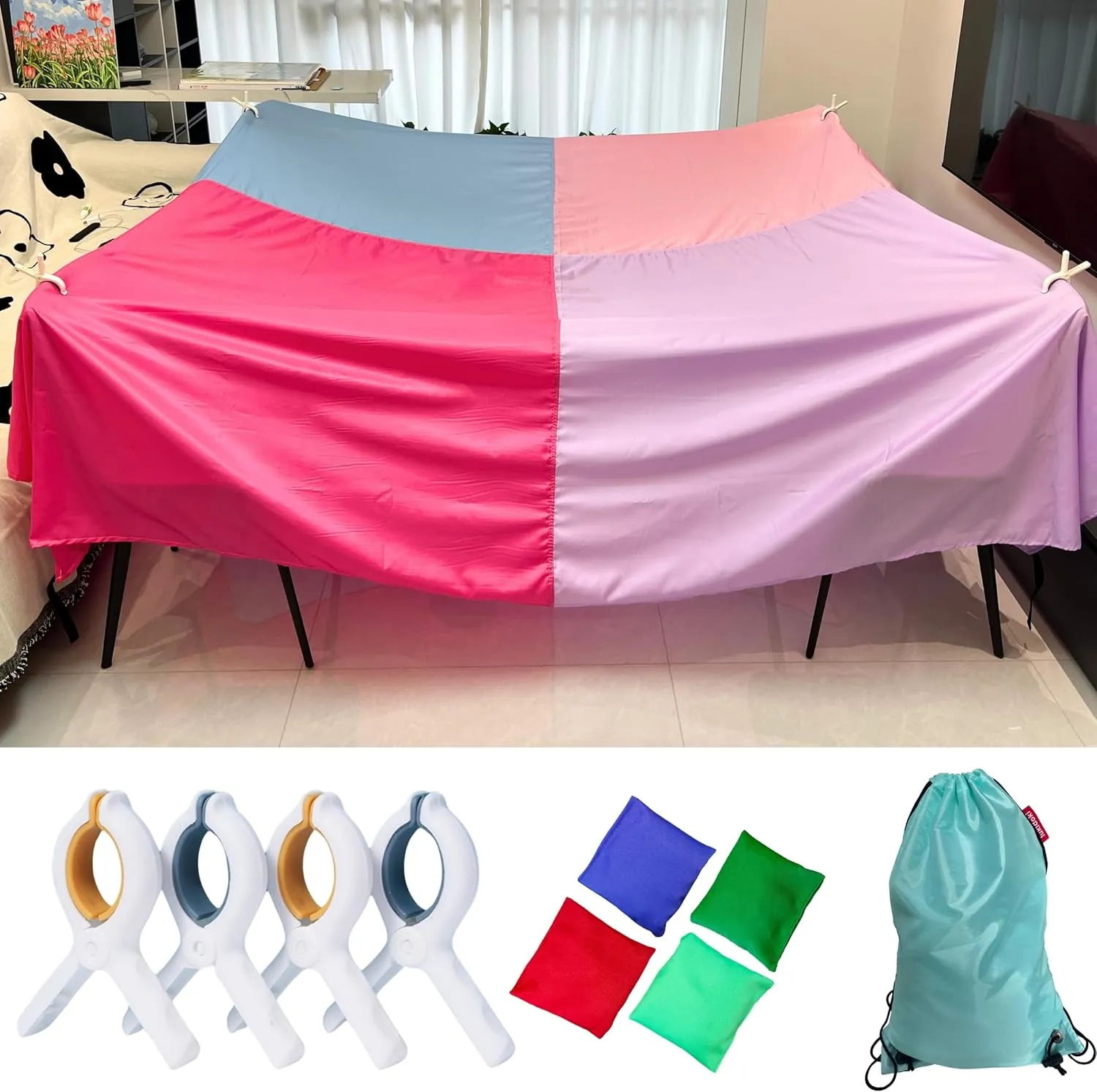 Fort Building Kit for Kids with CPC Certification - Large Lightweight Blanket Fort Making kit and Clips - Portable Playhouse Play Tent Fort - Indoor/Outdoor Girls/Boys Toys Ages 4-5 6 7 8-12