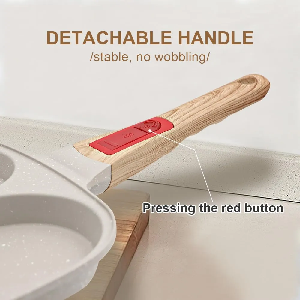 Fried Egg Pan with Detachable Handle, Nonstick Egg Frying Pan with Lid Induction 4 Cup Omelette Pan - White