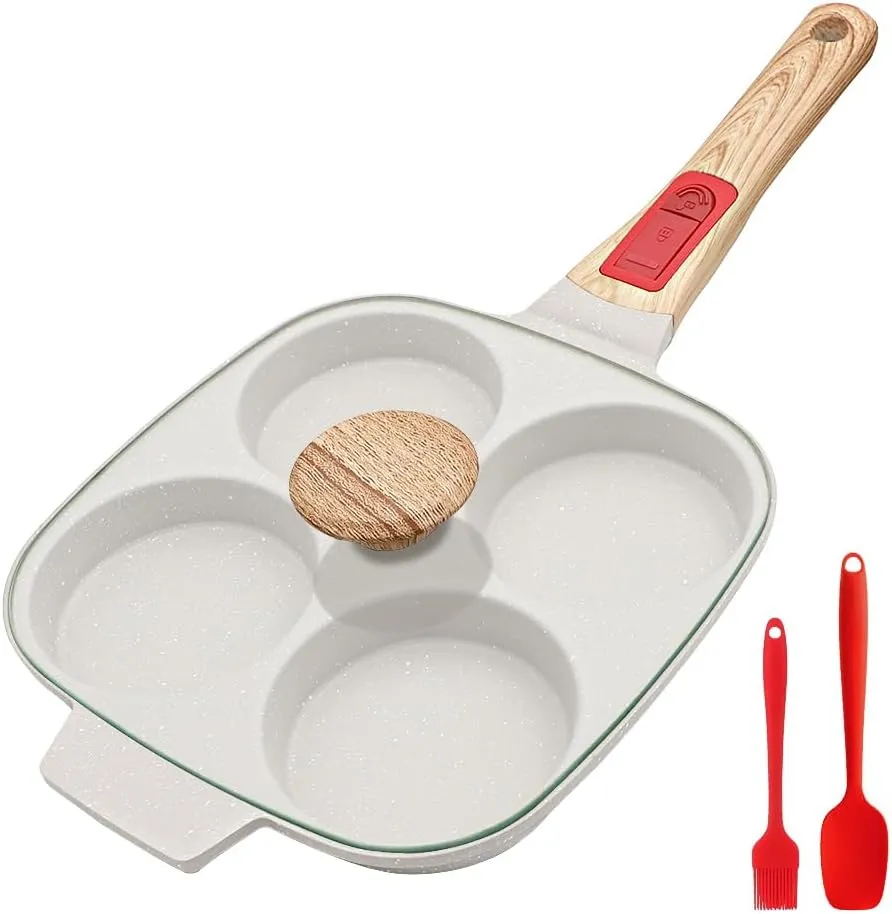 Fried Egg Pan with Detachable Handle, Nonstick Egg Frying Pan with Lid Induction 4 Cup Omelette Pan - White