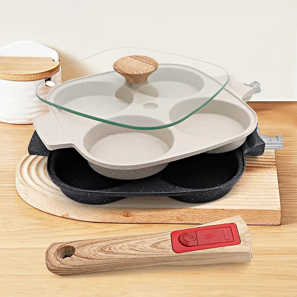 Fried Egg Pan with Detachable Handle, Nonstick Egg Frying Pan with Lid Induction 4 Cup Omelette Pan - White