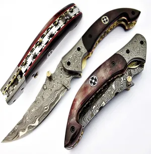 FZ 01 Handmade Damascus pocket knife for men Folding knife with liner lock Bushcraft knife for Fishing Camping Hiking | Damascus steel hunting Camping Knife with Leather Sheath