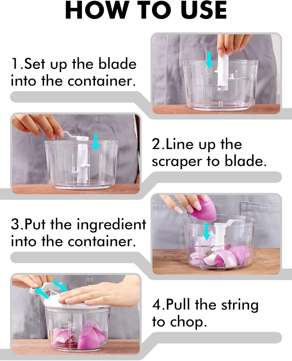 GDL Food Chopper, Pull Onion Chopper Dicer, Hand Powered Food Chopper, Fast Cutting Hand Chopper Mincer for Oinon, Garlic, Nut, 3.4 Cups 0.8L, White