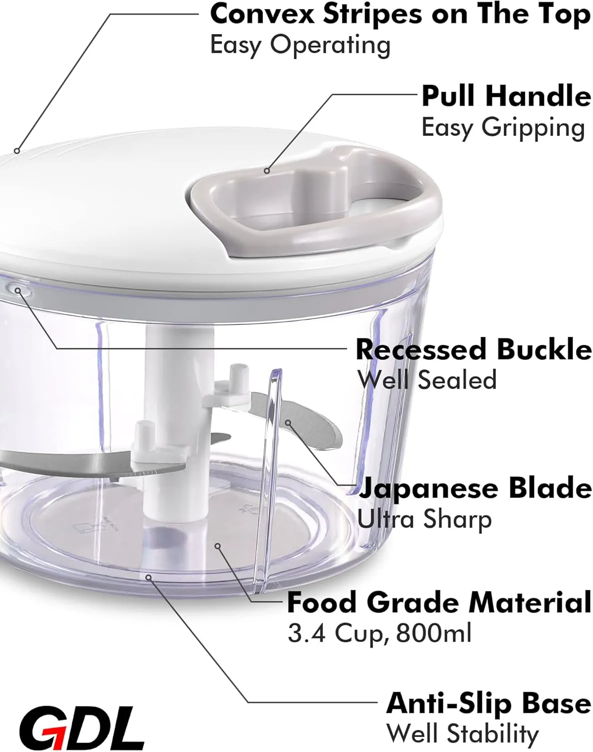 GDL Food Chopper, Pull Onion Chopper Dicer, Hand Powered Food Chopper, Fast Cutting Hand Chopper Mincer for Oinon, Garlic, Nut, 3.4 Cups 0.8L, White
