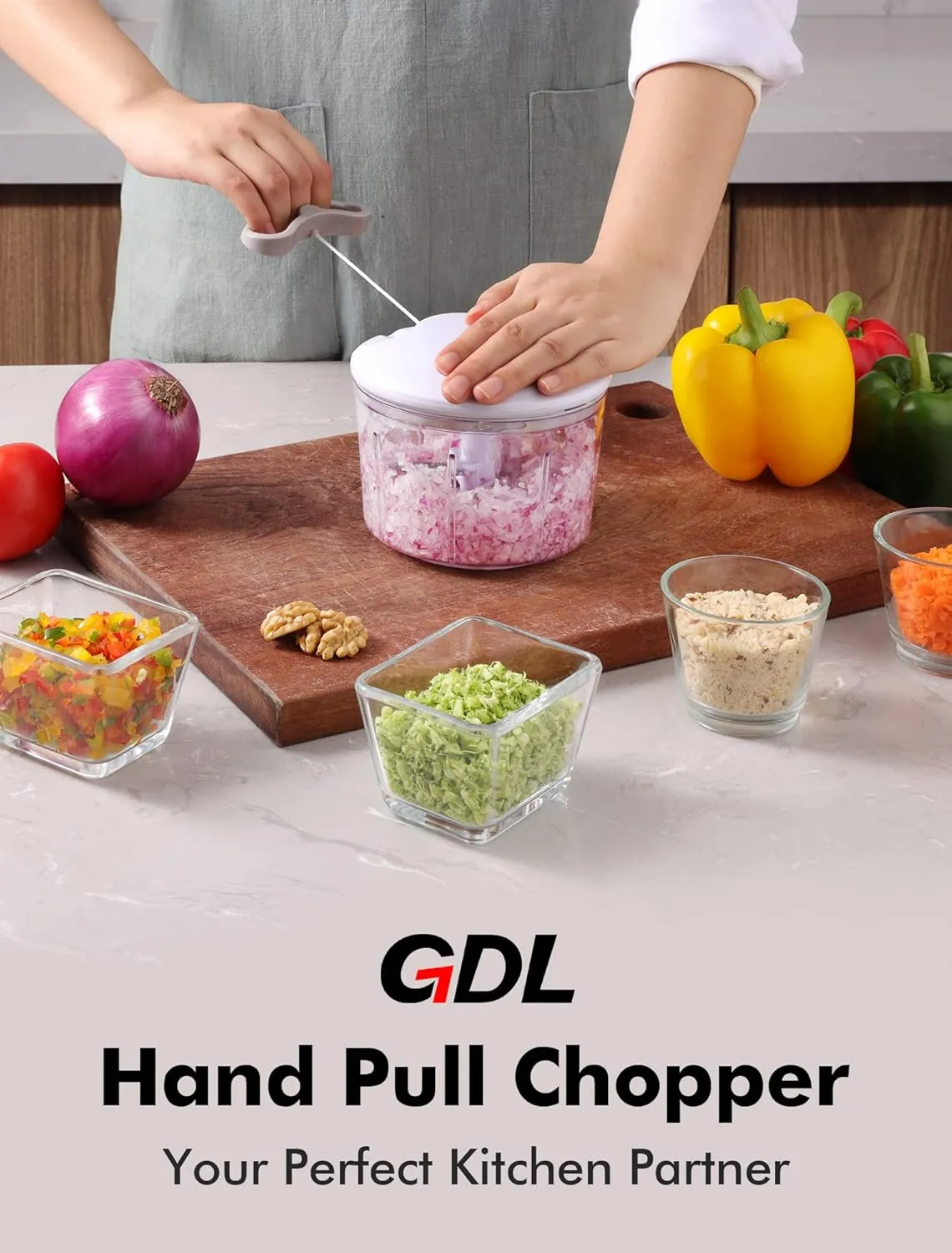 GDL Food Chopper, Pull Onion Chopper Dicer, Hand Powered Food Chopper, Fast Cutting Hand Chopper Mincer for Oinon, Garlic, Nut, 3.4 Cups 0.8L, White