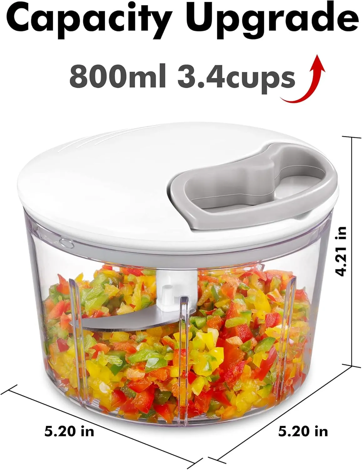 GDL Food Chopper, Pull Onion Chopper Dicer, Hand Powered Food Chopper, Fast Cutting Hand Chopper Mincer for Oinon, Garlic, Nut, 3.4 Cups 0.8L, White