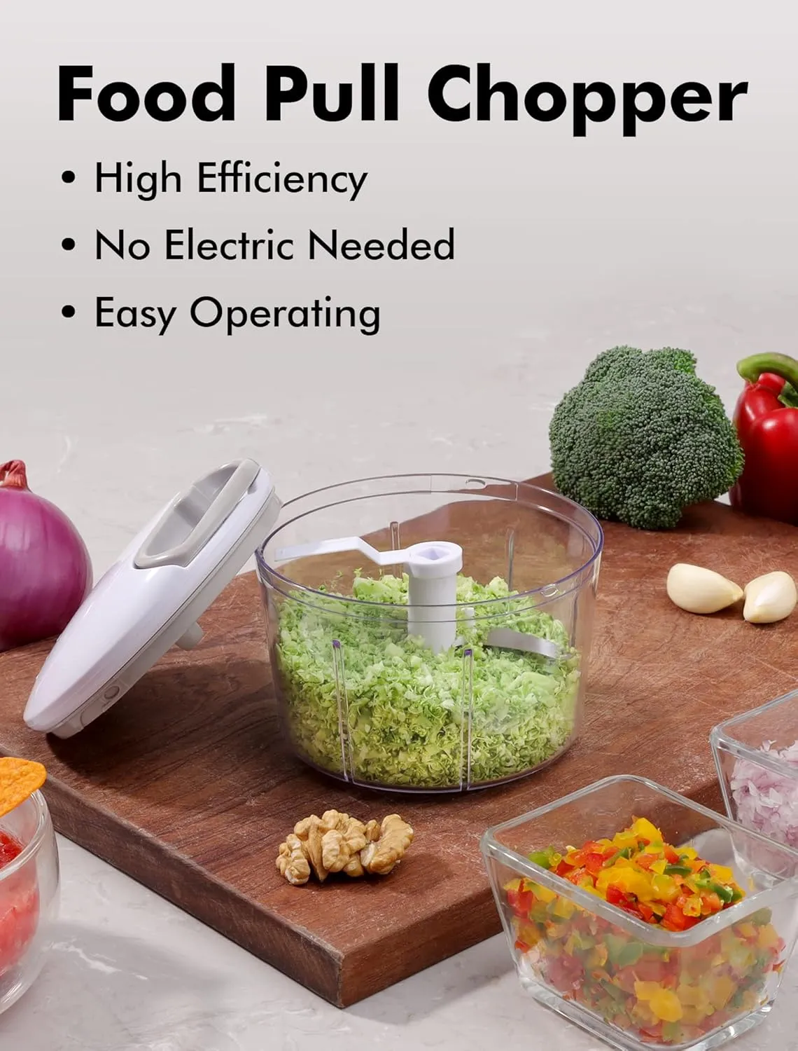 GDL Food Chopper, Pull Onion Chopper Dicer, Hand Powered Food Chopper, Fast Cutting Hand Chopper Mincer for Oinon, Garlic, Nut, 3.4 Cups 0.8L, White