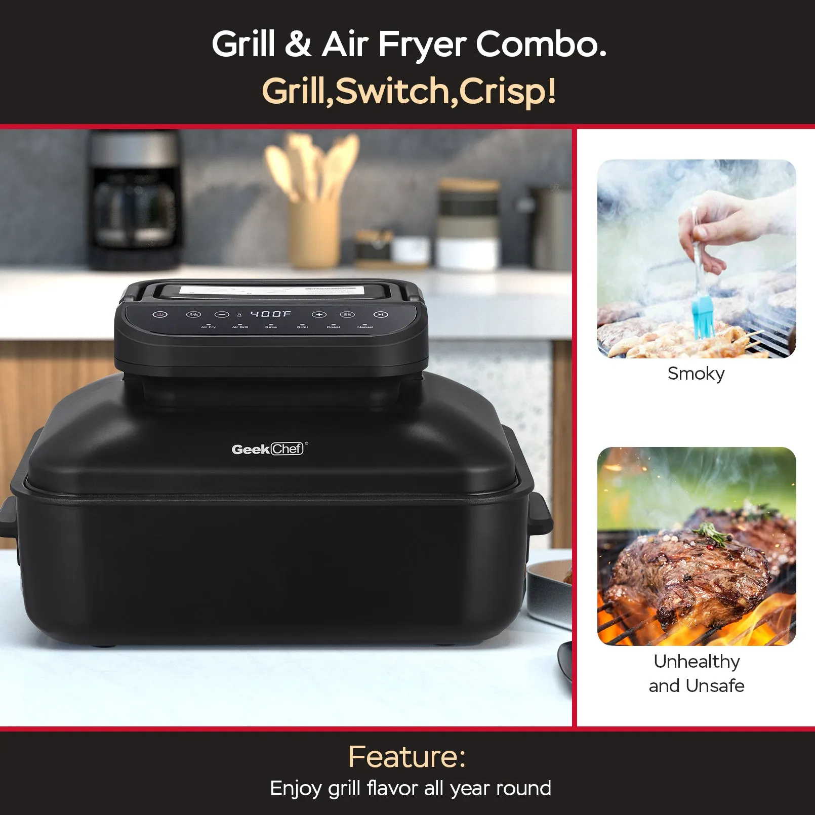 Geek Chef 7 In1 Smokeless Electric Indoor Grill With Air Fry,