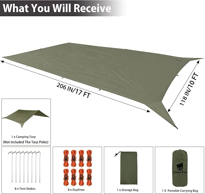 GEERTOP 17 × 10 ft Large Camping Tent Tarp Outdoor Waterproof Flame Retardant Hammock Rain Fly Backpacking Tent Tarp Shelter for Hiking Travel Picnic(Not includes Poles)
