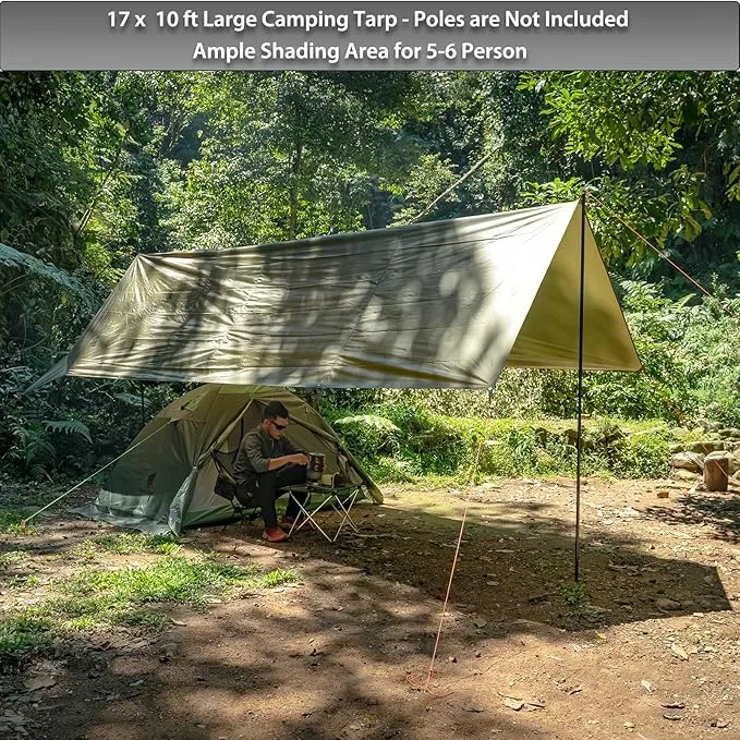 GEERTOP 17 × 10 ft Large Camping Tent Tarp Outdoor Waterproof Flame Retardant Hammock Rain Fly Backpacking Tent Tarp Shelter for Hiking Travel Picnic(Not includes Poles)