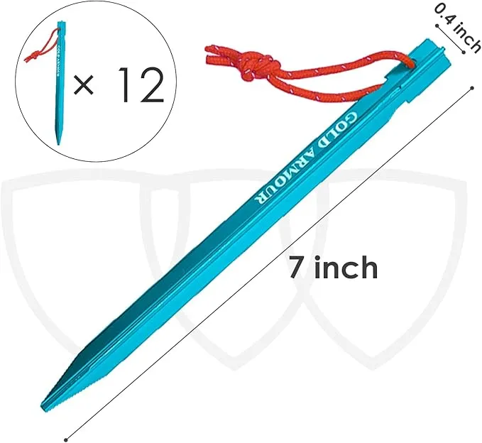 Gold Armour Tent Stakes - 12 Pack Heavy Duty, Lightweight, Camping Stakes Pegs for Outdoor Tent and Tarp, Essential Camping Gear Equipment Accessories (Blue)