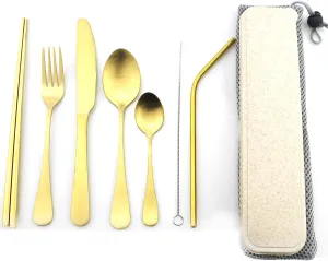 Gold Reusable Utensils with Case Camping Travel Silverware Set,Portable Stainless Steel Cutlery Set - Matte Flatware Set Knife Fork Spoon Mirror Straws Chopsticks - for Office Lunch, Hiking, School