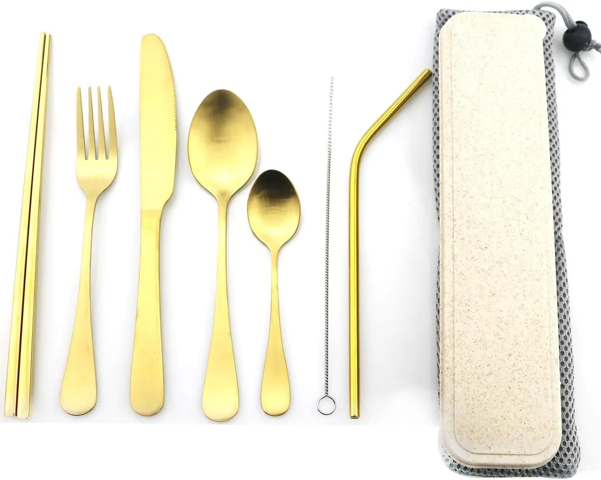 Gold Reusable Utensils with Case Camping Travel Silverware Set,Portable Stainless Steel Cutlery Set - Matte Flatware Set Knife Fork Spoon Mirror Straws Chopsticks - for Office Lunch, Hiking, School