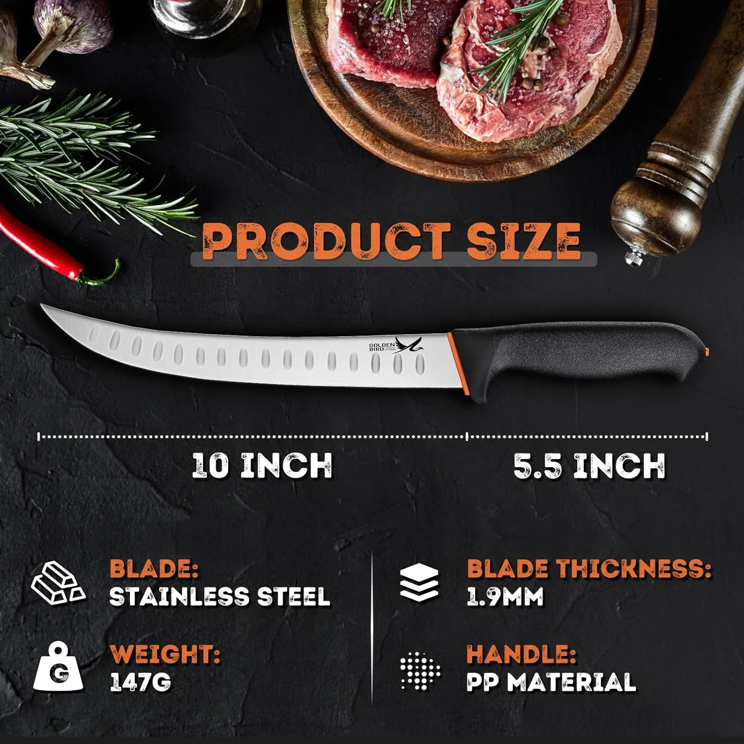 Golden Bird Professional Breaking Knife - 10 Inch Multifunction Butcher Breaking Knife for Meat Cutting, Stainless Steel Cimeter, Razor Sharp Scimitar Knives, Granton Edge Carving Knives