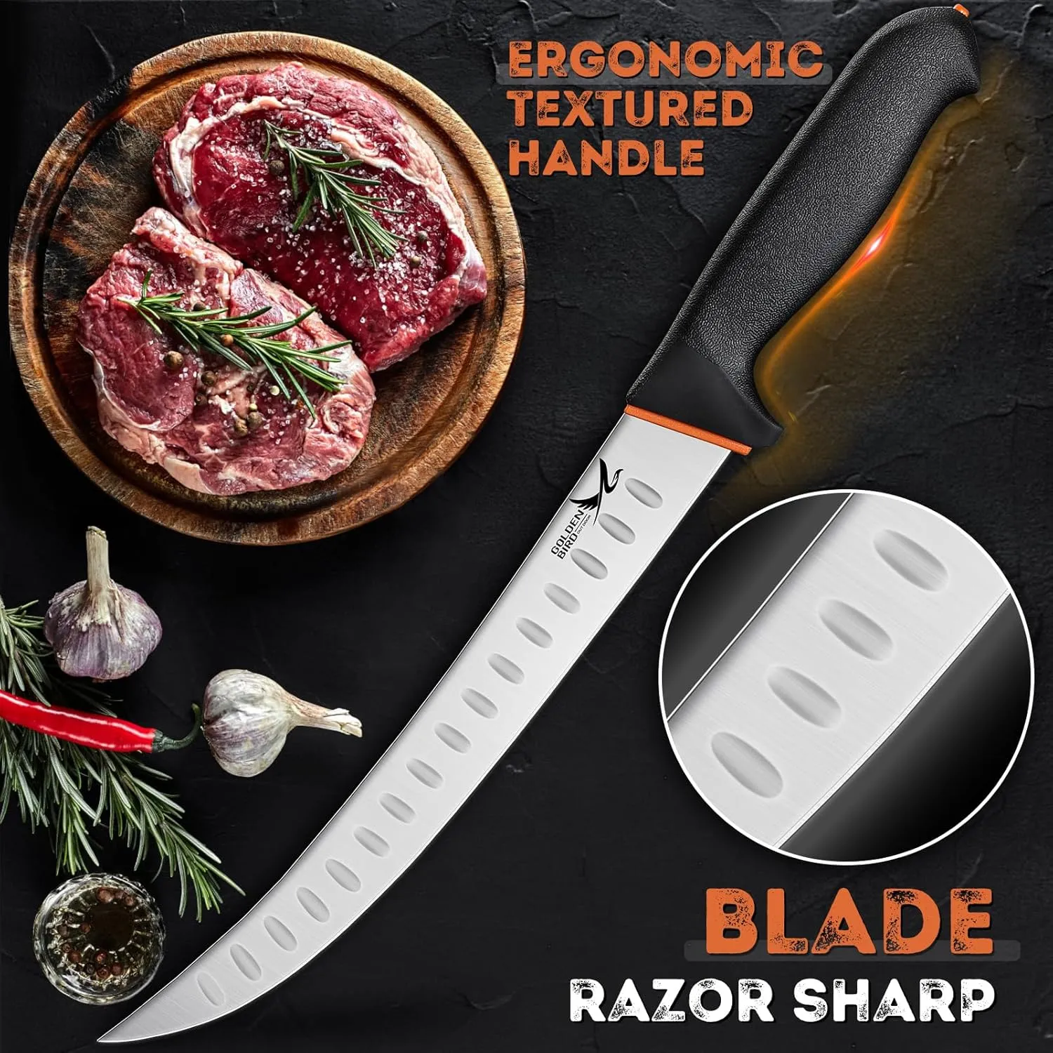 Golden Bird Professional Breaking Knife - 10 Inch Multifunction Butcher Breaking Knife for Meat Cutting, Stainless Steel Cimeter, Razor Sharp Scimitar Knives, Granton Edge Carving Knives